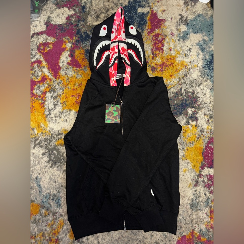 Bape Black Zip Up Sweater (Pink hood)